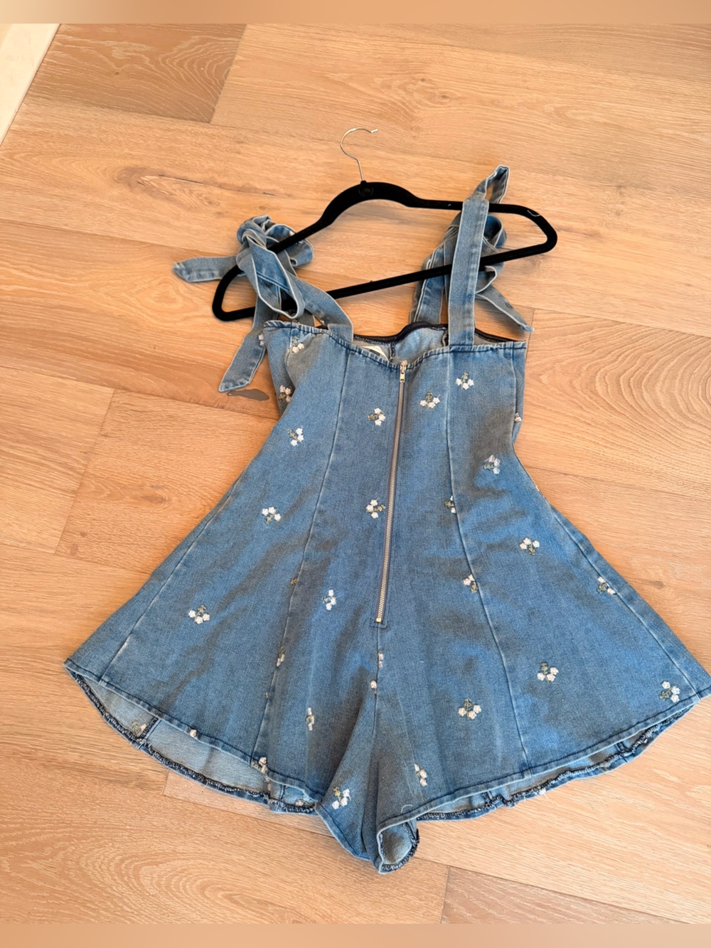 Altard State Light Blue Embroidered Denim Tie-Shoulder romper - Picture 4 of 5